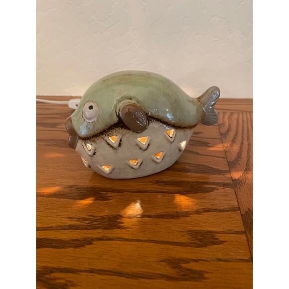 Vintage hand-glazed ceramic puffer fish figurine Lamp